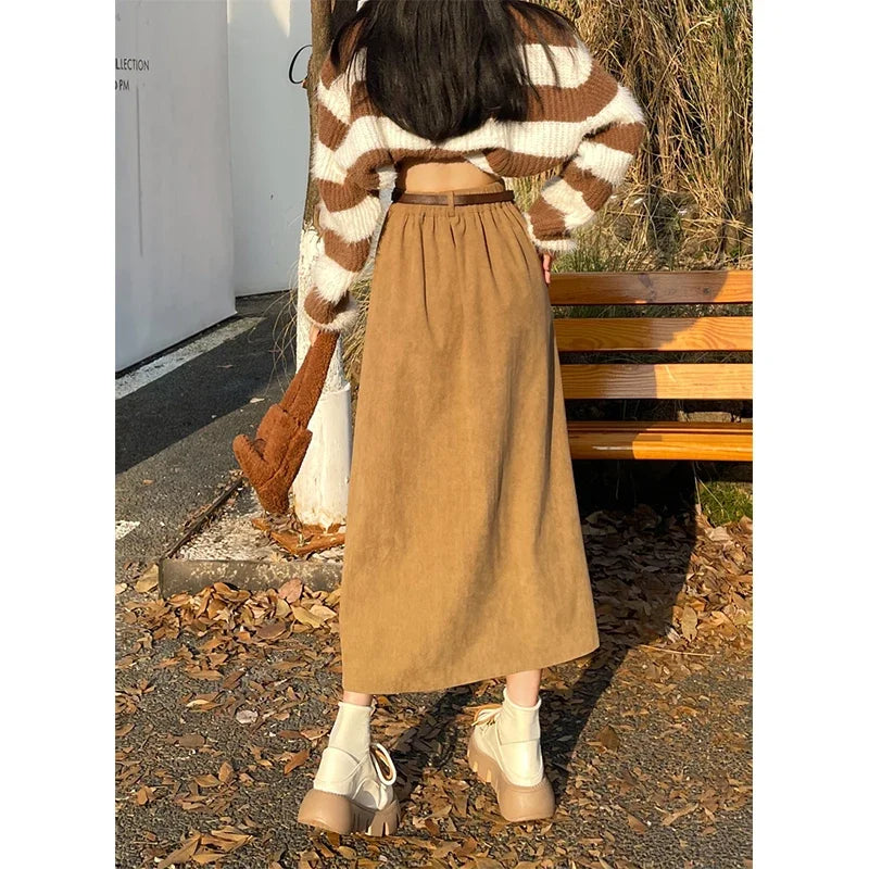 ESTELLE™ – Classic Belt Corduroy Midi Skirt